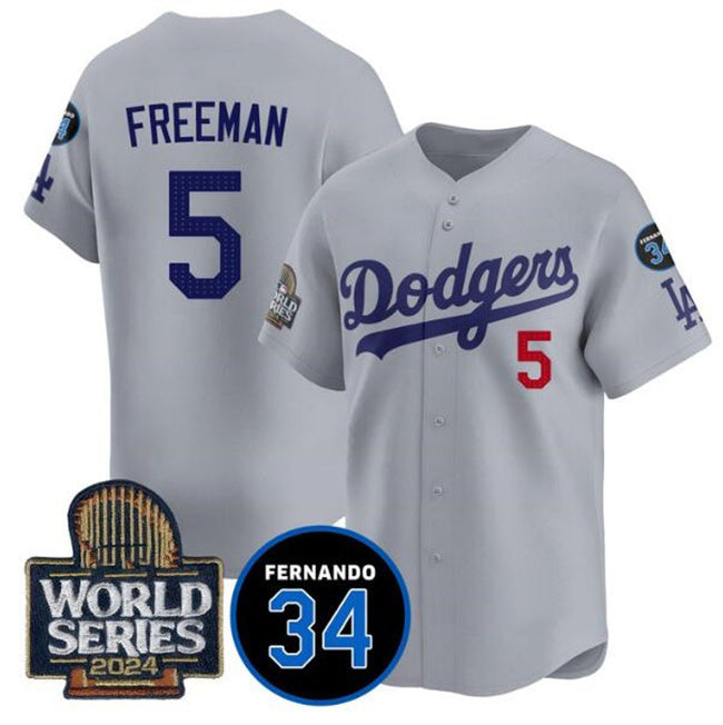 Los Angeles Dodgers #5 Freddie Freeman Grey MIKSHPS 2024 World Series With Fernando Memorial Patch Limited Stitched Jersey