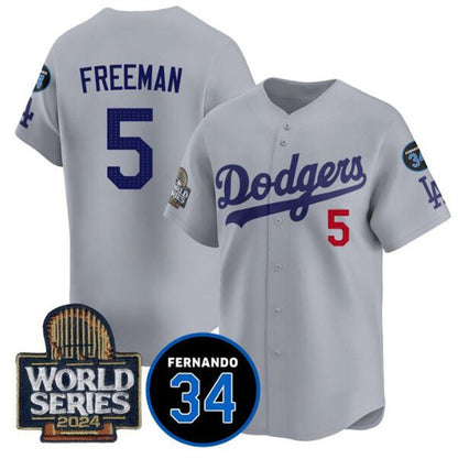 Los Angeles Dodgers #5 Freddie Freeman Grey MIKSHPS 2024 World Series With Fernando Memorial Patch Limited Stitched Jersey