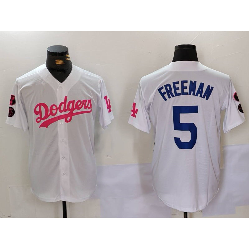 Los Angeles Dodgers #5 Freddie Freeman White Pink MIKSHPS Vin & Kobe Patch Stitched Jersey 2