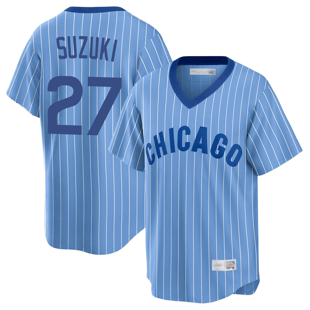 Chicago Cubs #27 Seiya Suzuki Player Blue MIKSHPS T-shirt Cooperstown Collection Limited Stitched Jerseys