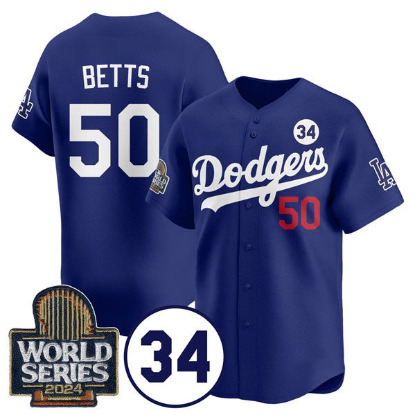 Los Angeles Dodgers #50 Mookie Betts Royal MIKSHPS 2024 World Series With No. 34 Patch Cool Base Stitched Jersey