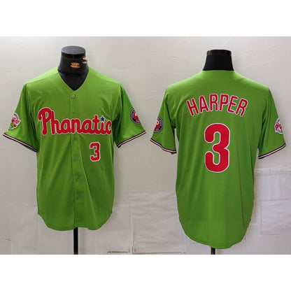 Philadelphia Phillies #3 Bryce Harper Number Green MIKSHPS With Patch Stitched Cool Base Jersey