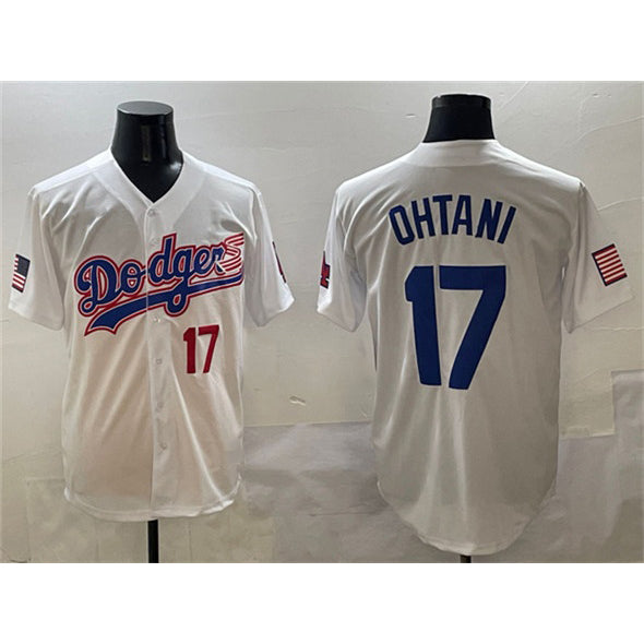 Los Angeles Dodgers #17 Shohei Ohtani White MIKSHPS With American Flag Patch Limited Stitched Jersey