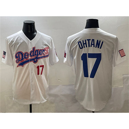 Los Angeles Dodgers #17 Shohei Ohtani White MIKSHPS With American Flag Patch Limited Stitched Jersey