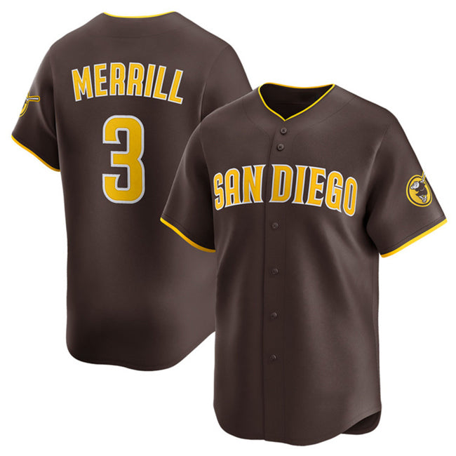 San Diego Padres #3 Jackson Merrill Brown MIKSHPS 2024 Away Limited Stitched Jersey