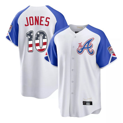 Atlanta Braves #10 Chipper Jones Player White MIKSHPS USA 250 Fourth Of July City Connect Home Game Stitched Jerseys