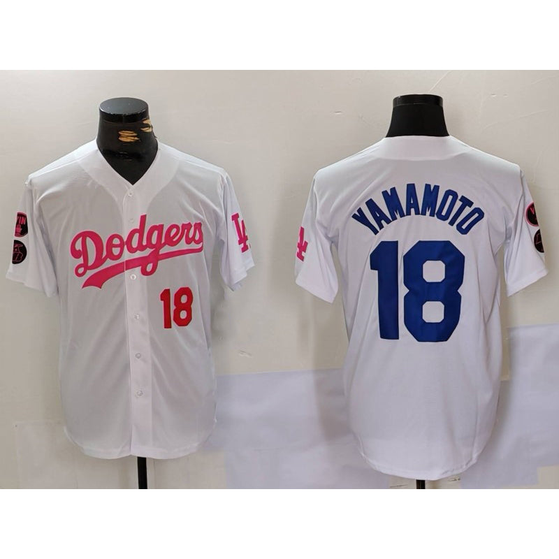 Los Angeles Dodgers #18 Yoshinobu Yamamoto White Pink MIKSHPS Vin & Kobe Patch Stitched Jerseys