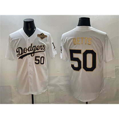 Los Angeles Dodgers #50 Mookie Betts White Gold MIKSHPS 2025 World Series Patch Limited Stitched Jersey