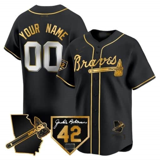 Custom Atlanta Braves 2024 Robinson & Georgia Patch Vapor Premier Limited Jersey ¨C Black Gold MIKSHPS