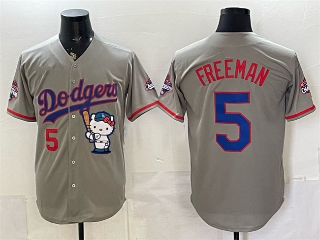 Los Angeles Dodgers #5 Freddie Freeman Grey MIKSHPS Hello Kitty Night 2025 World Series Champions Patch Stitched Jersey