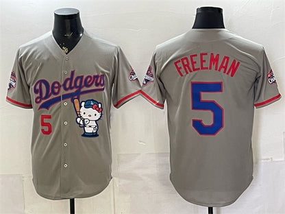 Los Angeles Dodgers #5 Freddie Freeman Grey MIKSHPS Hello Kitty Night 2025 World Series Champions Patch Stitched Jersey