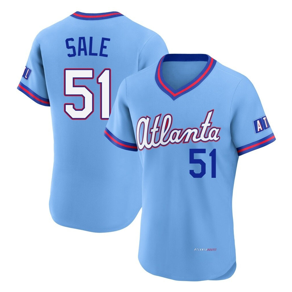 Atlanta Braves #51 Chris Sale Player Powder Blue MIKSHPS 2026 City Connect T-shirt Limited Elite Home Game Stitched Jerseys