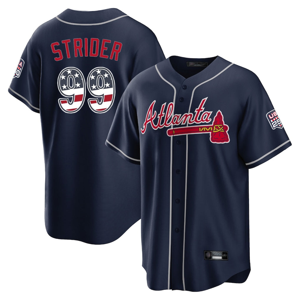 Atlanta Braves #99 Spencer Strider Player Navy MIKSHPS USA 250 Fourth Of July Limited Home Game Stitched Jerseys