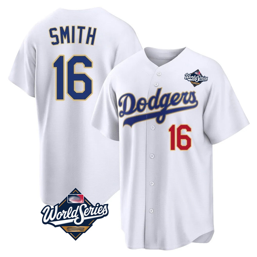 Los Angeles Dodgers #16 Will Smith Player Gold White MIKSHPS World Series 2026 Collection Stadium Limited Stitched Jerseys