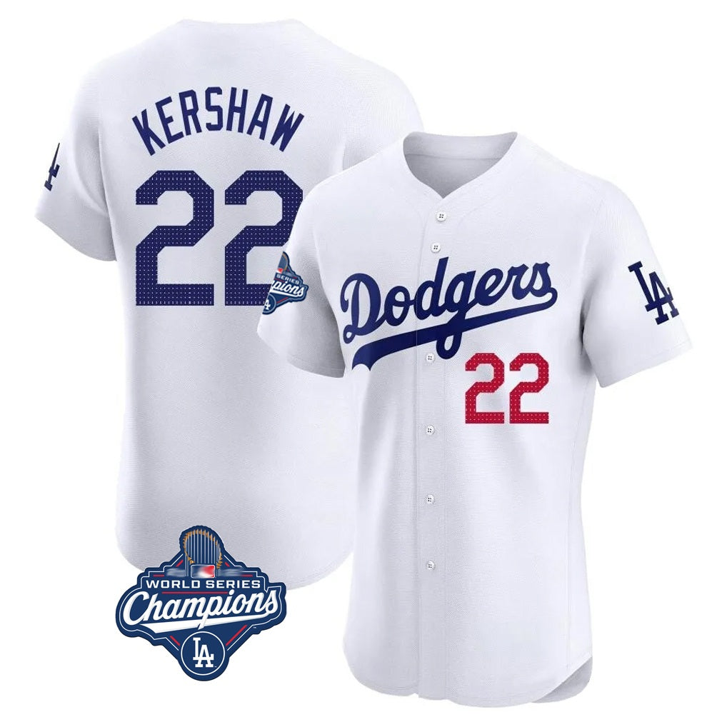 Los Angeles Dodgers #22 Clayton Kershaw Player White MIKSHPS World Series Meet Limited Elite Stitched Jerseys