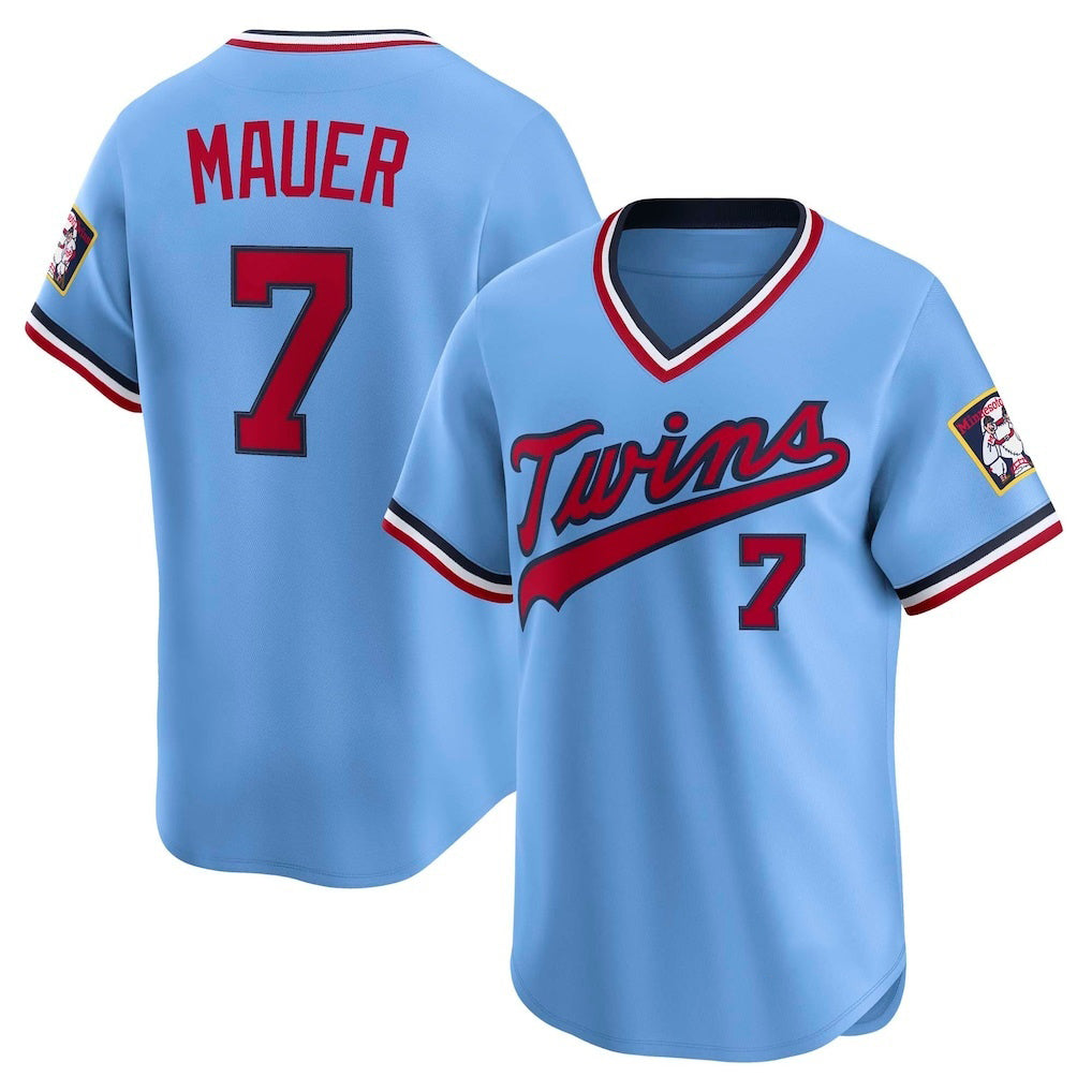 Minnesota Twins #7 Joe Mauer Light Blue MIKSHPS Throwback Cooperstown Collection Limited Jersey
