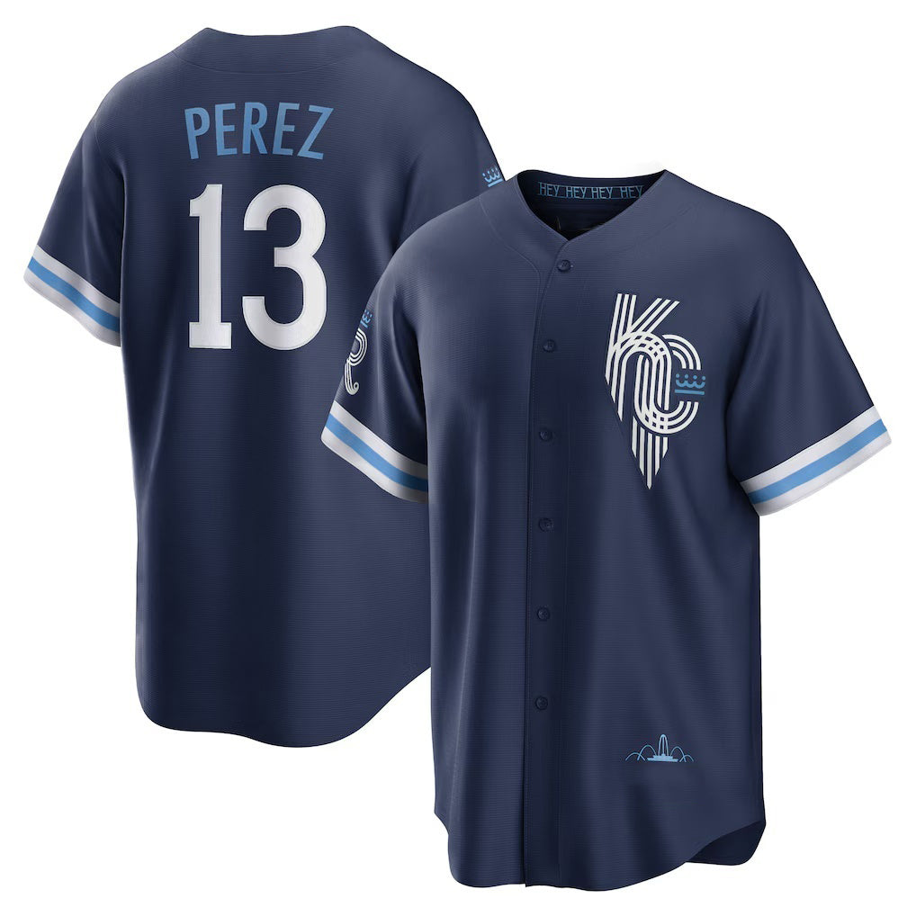 Kansas City Royals #13 Salvador Perez Navy MIKSHPS City Connect Replica Player Jersey
