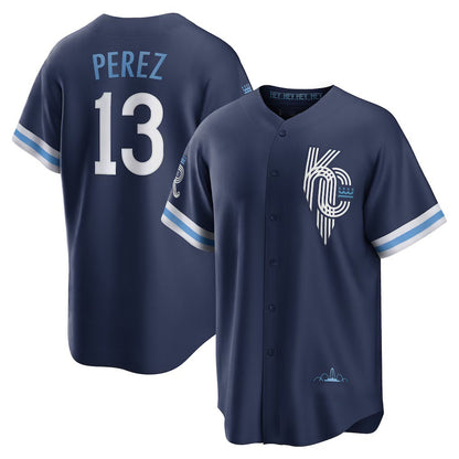 Kansas City Royals #13 Salvador Perez Navy MIKSHPS City Connect Replica Player Jersey