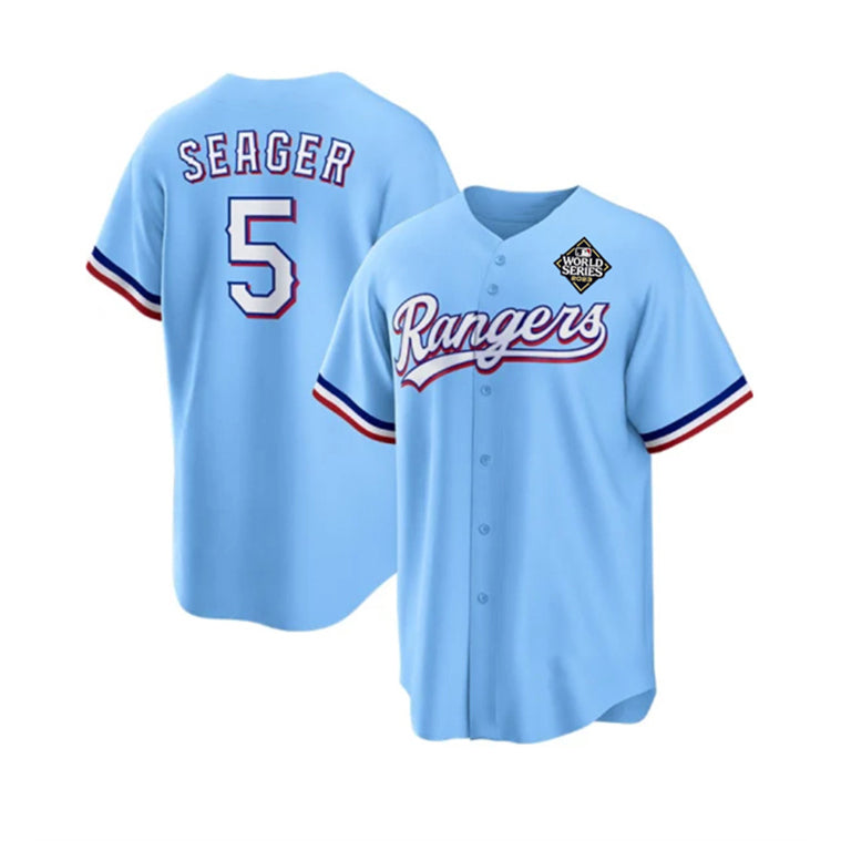 Texas Rangers #5 Corey Seager Blue MIKSHPS 2023 World Series Stitched Jersey