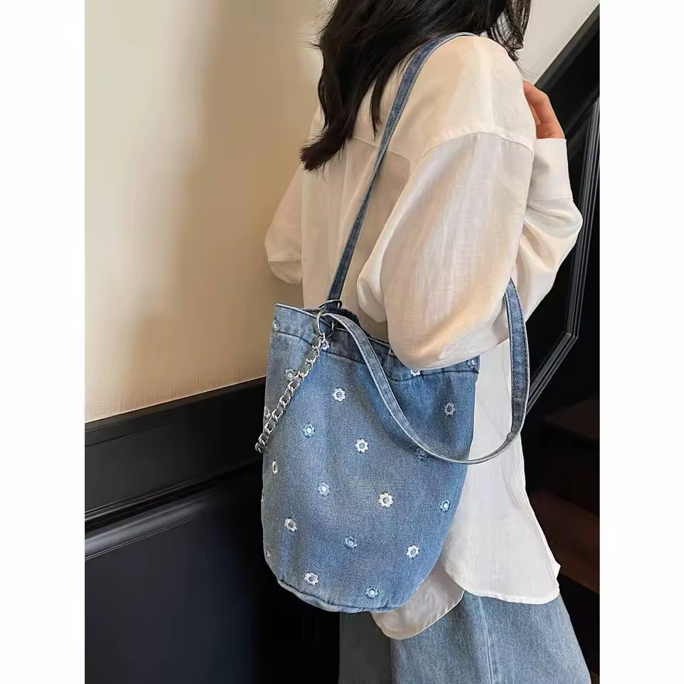 Japanese denim shoulder bag, women's  new large capacity student bucket bag, shopping bag, commuting tote bag