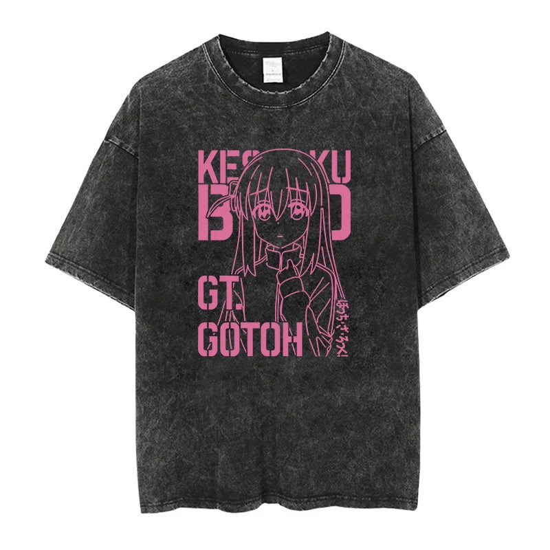 Men Oversized Printed Tshirts Bocchi Club Music Band Anime Bocchi The Rock Cotton Tops Creative Crew Neck Tees Washed TShirt