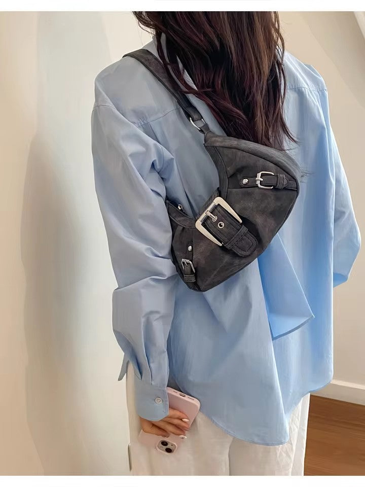 Vintage Tie-Dye Denim Underarm Bag Y2K Metal Buckle Pleated Commuting Versatile Handbag Crescent Small Shoulder Bag