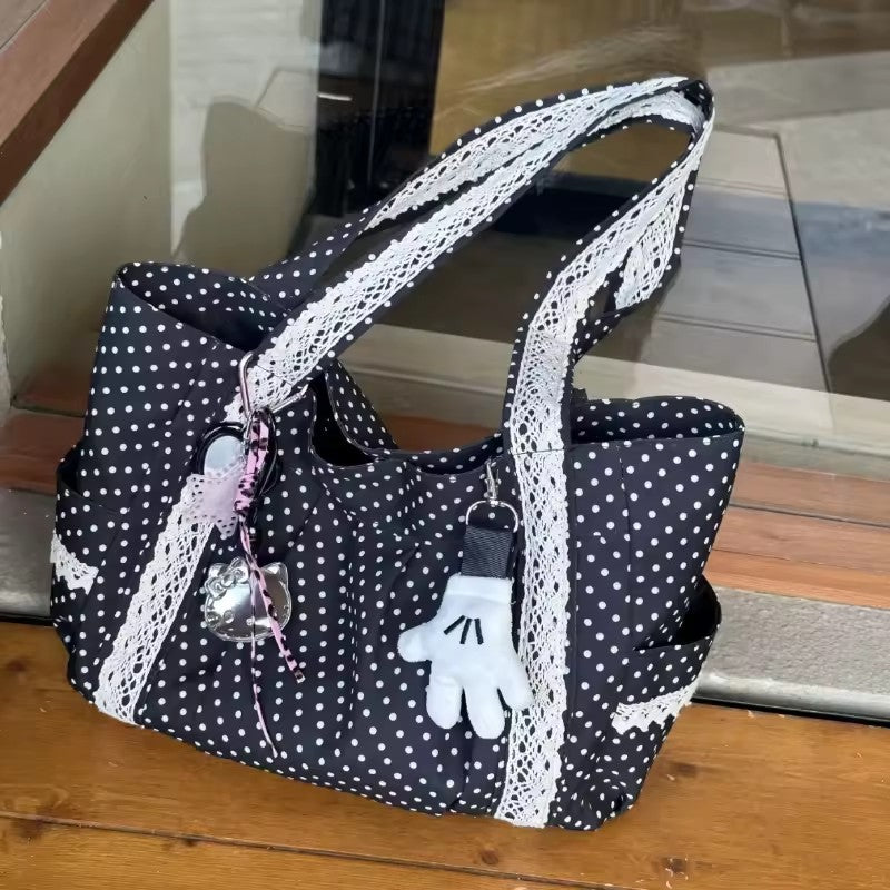 Women Niche Sweet Lace Shoulder Bag Korean Style Vintage Polka Dot Canvas Handbag Large Capacity Multi Pocket Commuting Tote Bag