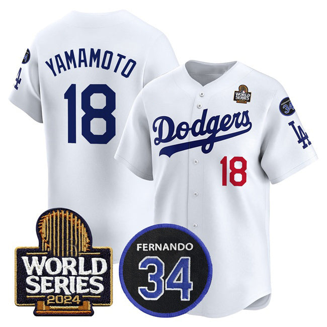 Los Angeles Dodgers #18 Yoshinobu Yamamoto White MIKSHPS 2024 World Series With Fernando Memorial Patch Limited Stitched Jersey
