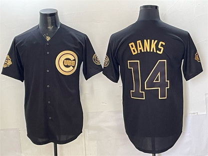 Chicago Cubs #14 Ernie Banks Black Gold MIKSHPS 150th Anniversary Patch Stitched Jersey
