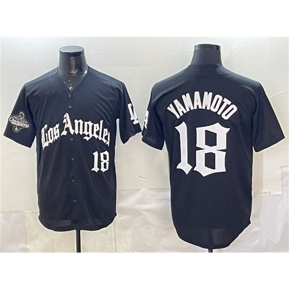 Los Angeles Dodgers #18 Yoshinobu Yamamoto Black MIKSHPS LA Gothic Style With 2025 World Series Champions Patch Limited Stitched Jersey