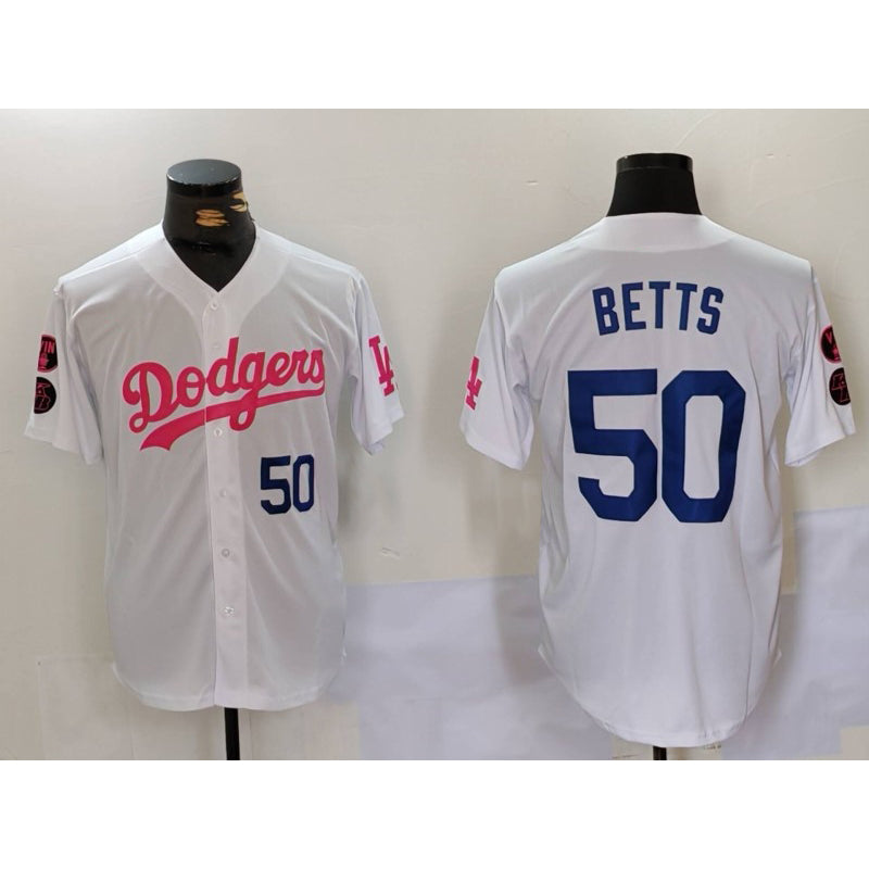 Los Angeles Dodgers #50 Mookie Betts White Pink MIKSHPS Vin & Kobe Patch Stitched Jerseys
