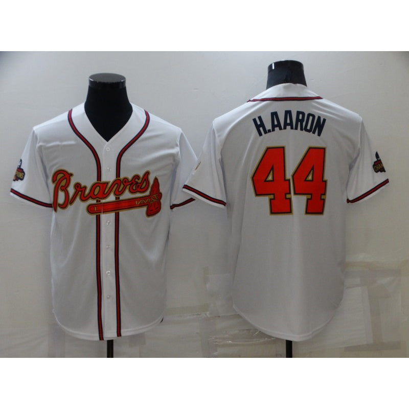 Atlanta Braves #44 Hank Aaron 2022 White Gold MIKSHPS World Series Champions Program Cool Base Stitched Jersey