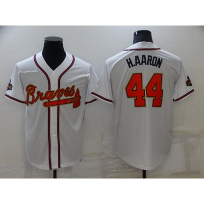 Atlanta Braves #44 Hank Aaron 2022 White Gold MIKSHPS World Series Champions Program Cool Base Stitched Jersey