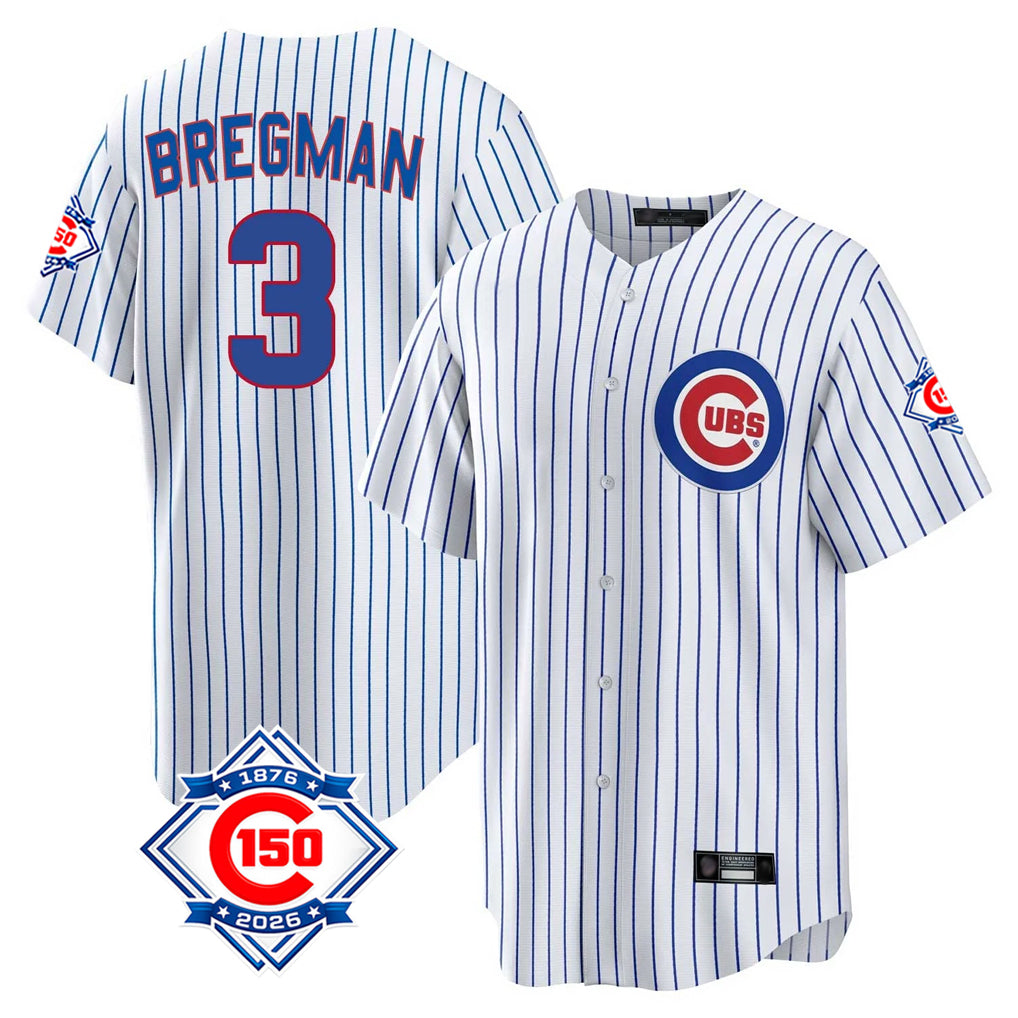 Chicago Cubs #3 Alex Bregman Player White MIKSHPS 150th Anniversary Home Game Stitched Jerseys