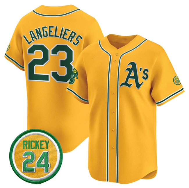 Oakland Athletics #23 Shea Langeliers Yellow MIKSHPS 2024 Limited With Rickey Henderson Patch Stitched Jersey