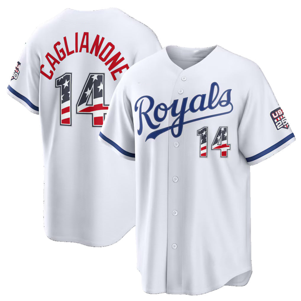 Kansas City Royals #14 Jac Caglianone USA 250 Fourth of July Home Stadium Jersey - White MIKSHPS