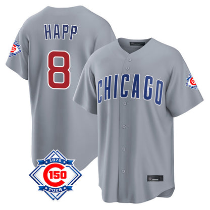 Chicago Cubs #8 Ian Happ Player Gray MIKSHPS 150th Anniversary Home Game Stitched Jerseys