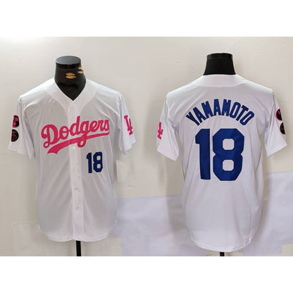 Los Angeles Dodgers #18 Yoshinobu Yamamoto White Pink MIKSHPS Vin & Kobe Patch Stitched Jersey 2