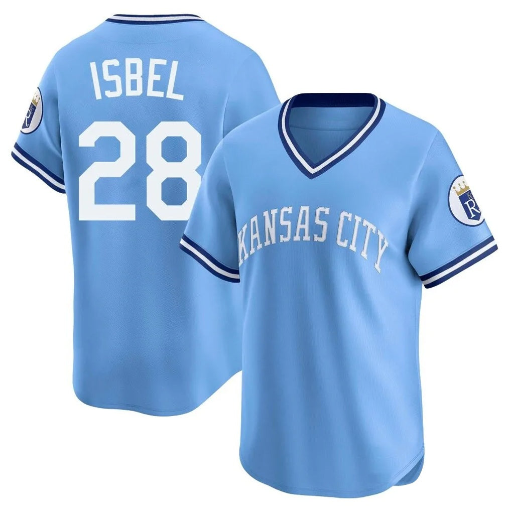 Kansas City Royals #28 Kyle Isbel Player Light Blue MIKSHPS Limited Throwback Cooperstown Collection T-shirt Stitched Jerseys