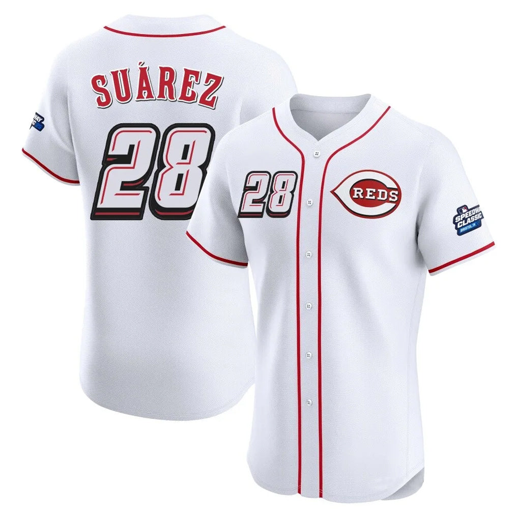 Cincinnati Reds #28 Eugenio Su¨¢rez Player White MIKSHPS Speedway Classic Limited Elite Home Stitched Jerseys