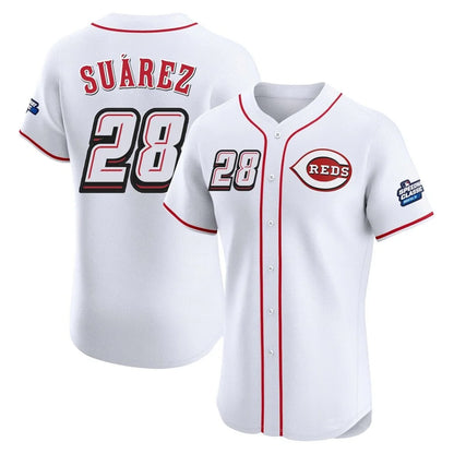 Cincinnati Reds #28 Eugenio Su¨¢rez Player White MIKSHPS Speedway Classic Limited Elite Home Stitched Jerseys