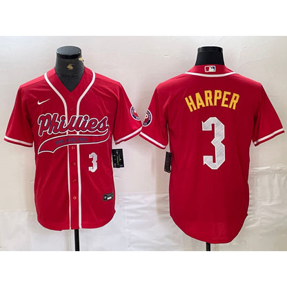 Philadelphia Phillies #3 Bryce Harper Number Red MIKSHPS Cool Base Stitched Jerseys