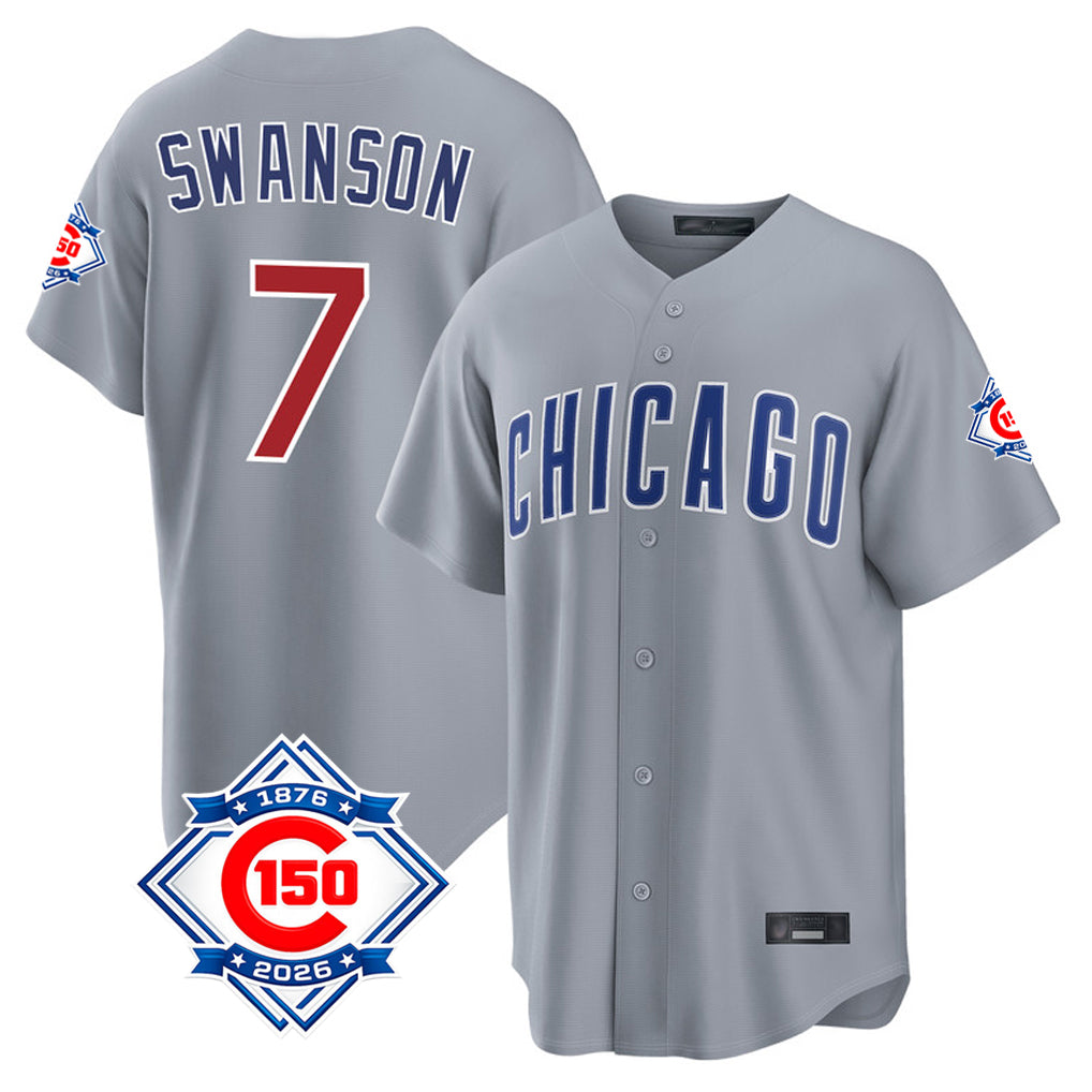 Chicago Cubs #7 Dansby Swanson Player Gray MIKSHPS 150th Anniversary Home Game Stitched Jerseys