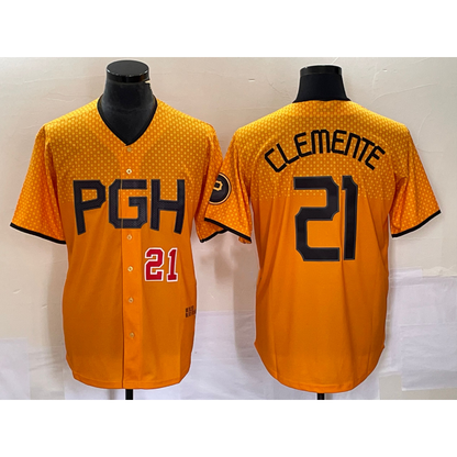 Pittsburgh Pirates #21 Roberto Clemente Number Gold MIKSHPS 2023 City Connect Stitched Jersey 3