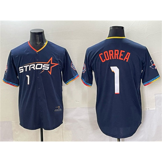 Houston Astros #1 Carlos Correa Navy MIKSHPS 2025 City Connect With Texas Patch Limited Stitched Jersey