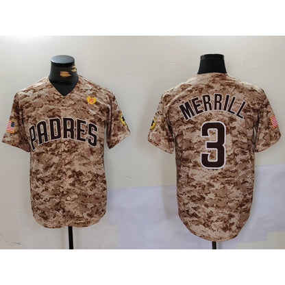 San Diego Padres #3 Jackson Merrill Camo MIKSHPS With PS Patch Cool Base Stitched Jersey