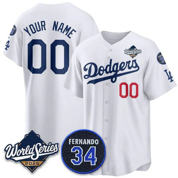 Custom Los Angeles Dodgers ACTIVE PLAYER White MIKSHPS 2025 World Series With No. 34 Patch Limited Stitched Jersey