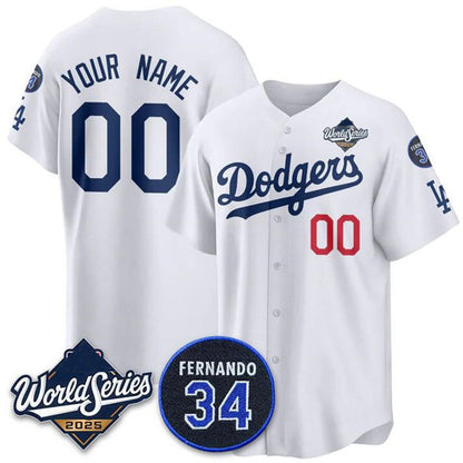 Custom Los Angeles Dodgers ACTIVE PLAYER White MIKSHPS 2025 World Series With No. 34 Patch Limited Stitched Jersey