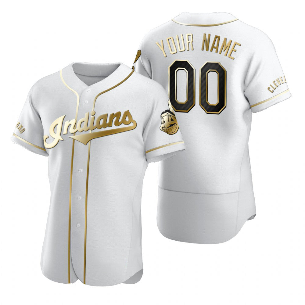 Custom Cleveland Indians White MIKSHPS Stitched Flex Base Golden Edition Jersey