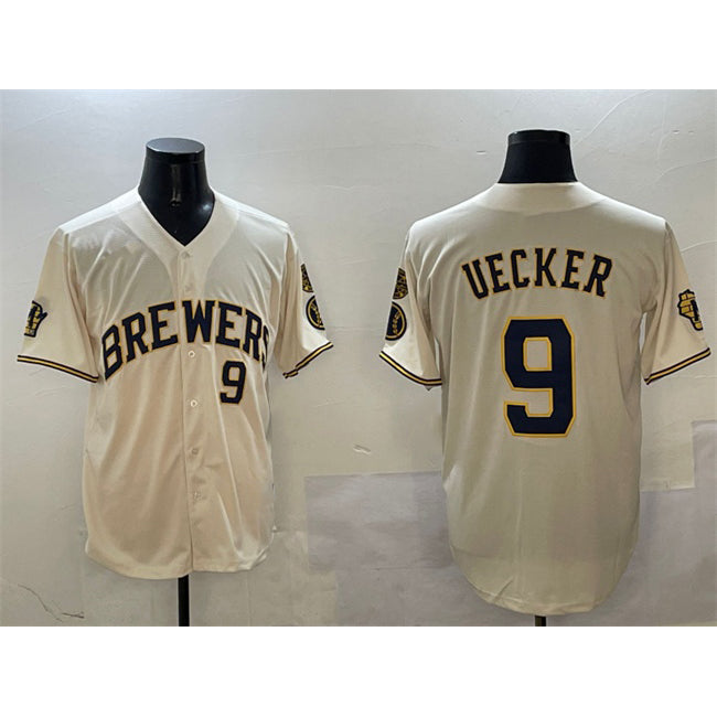 Milwaukee Brewers #9 Bob Uecker Cream MIKSHPS With Home Patch Limited Stitched Baseball Jersey